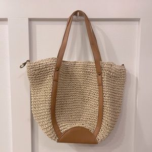 Women Straw Beach Bag with Faux Leather Strap